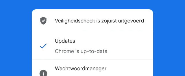 Een waarschuwing geeft aan dat de veiligheidscheck van Chrome is afgerond en dat de browser up-to-date is.
