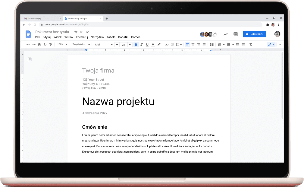 Ekran Dokumentów Google z otwartym szablonem projektu.