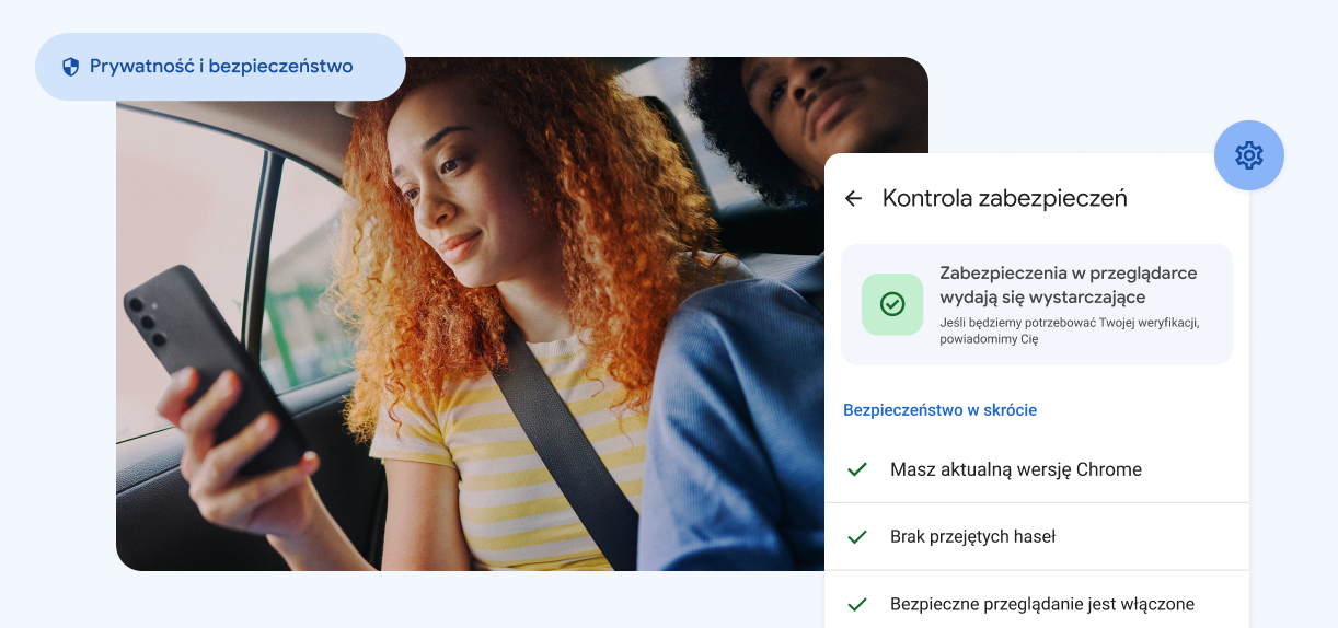 Kobieta patrząca w telefon. Widoczne są elementy „Prywatność i bezpieczeństwo” oraz alert o przejętych hasłach.