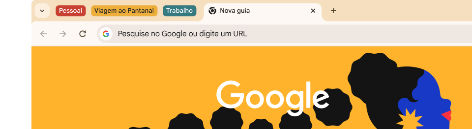 Uma interface do navegador apresenta três grupos de guias: 