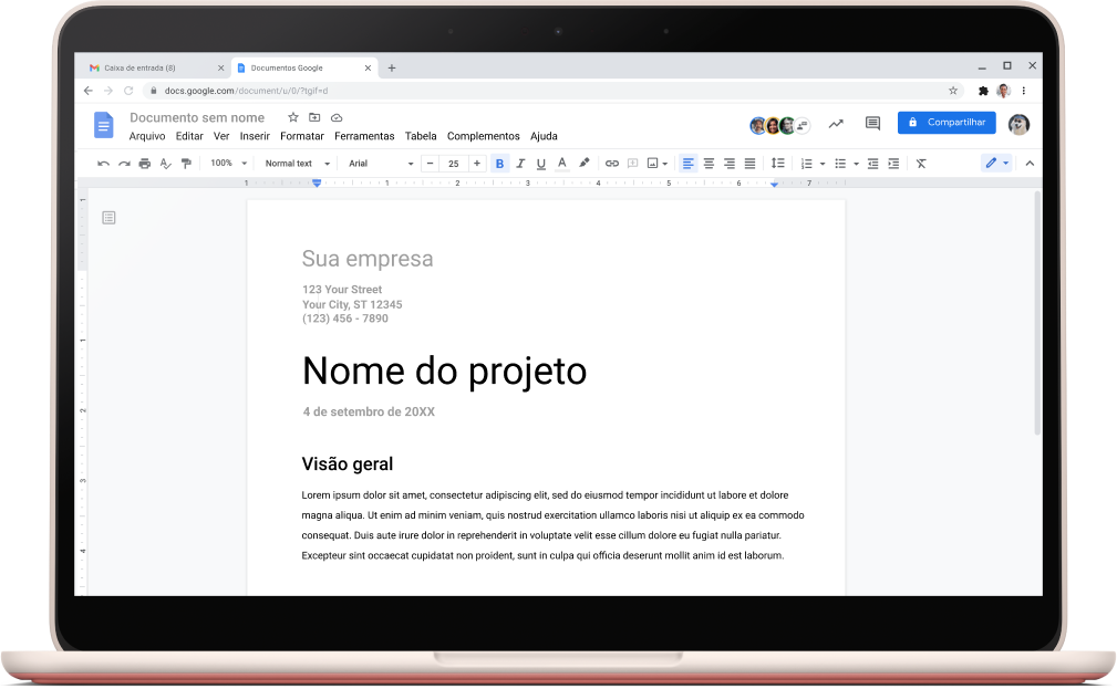 Tela do Documentos Google mostrando um modelo de projeto aberto.