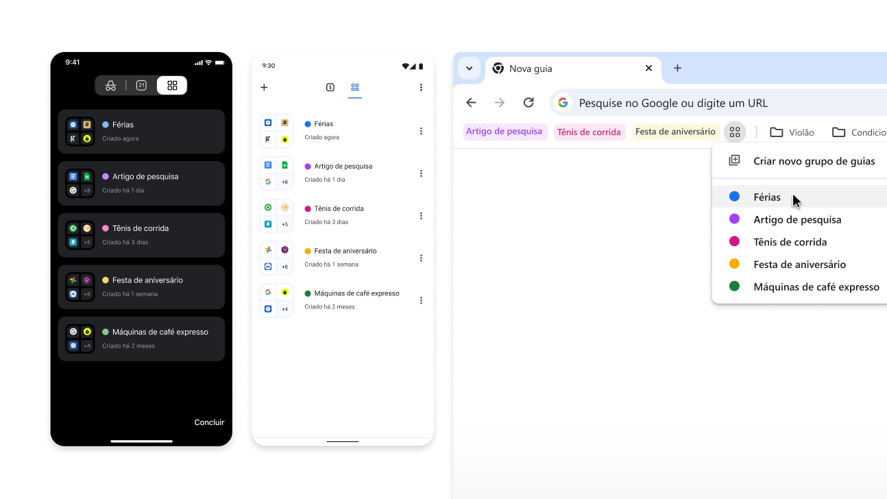 Grupos de guias em dispositivos iOS, Android e desktop