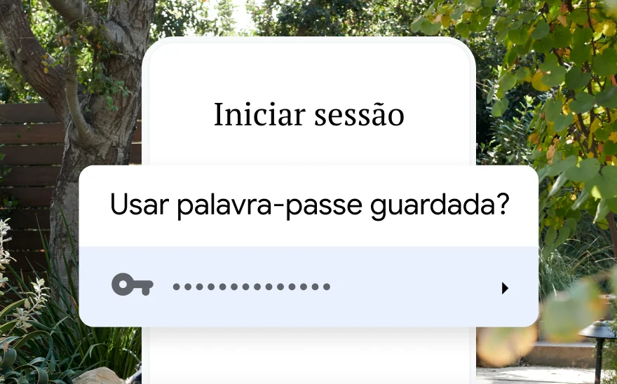 Uma página de início de sessão para uma reserva de viagem pede para usar uma palavra-passe guardada. No fundo, está uma paisagem de natureza.