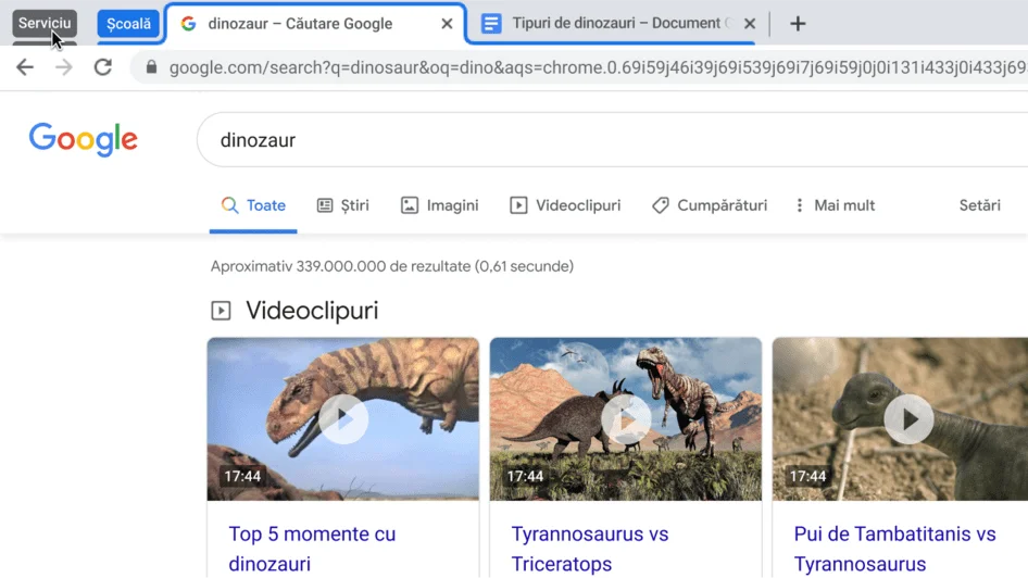 Fereastra browserului Chrome afișând restrângerea unui grup de file.