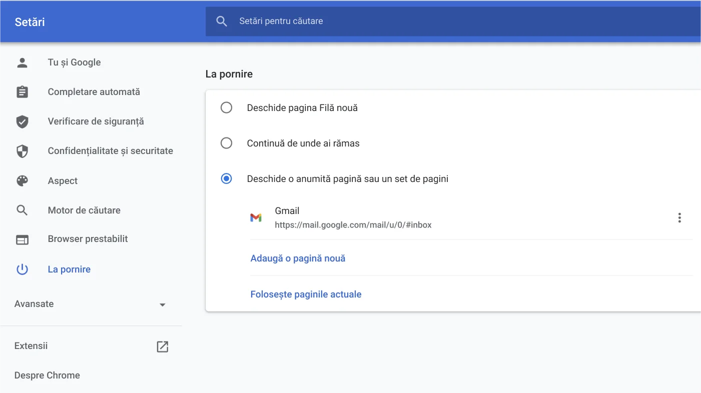 Fereastra de setări ale browserului Chrome afișând meniul de opțiuni La pornire.
