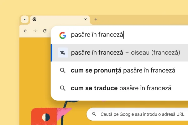 Pagina de pornire Google cu o fotografie cu o pasăre și căutarea „pasăre în franceză” cu rezultatul „oiseau”