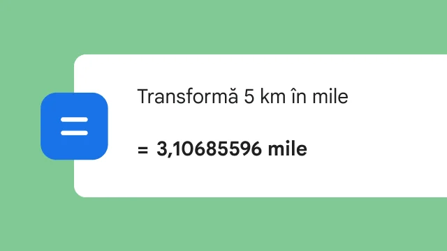 O căutare prin care se solicită transformarea a 5 km în mile afișează rezultatul de 3,106 mile.