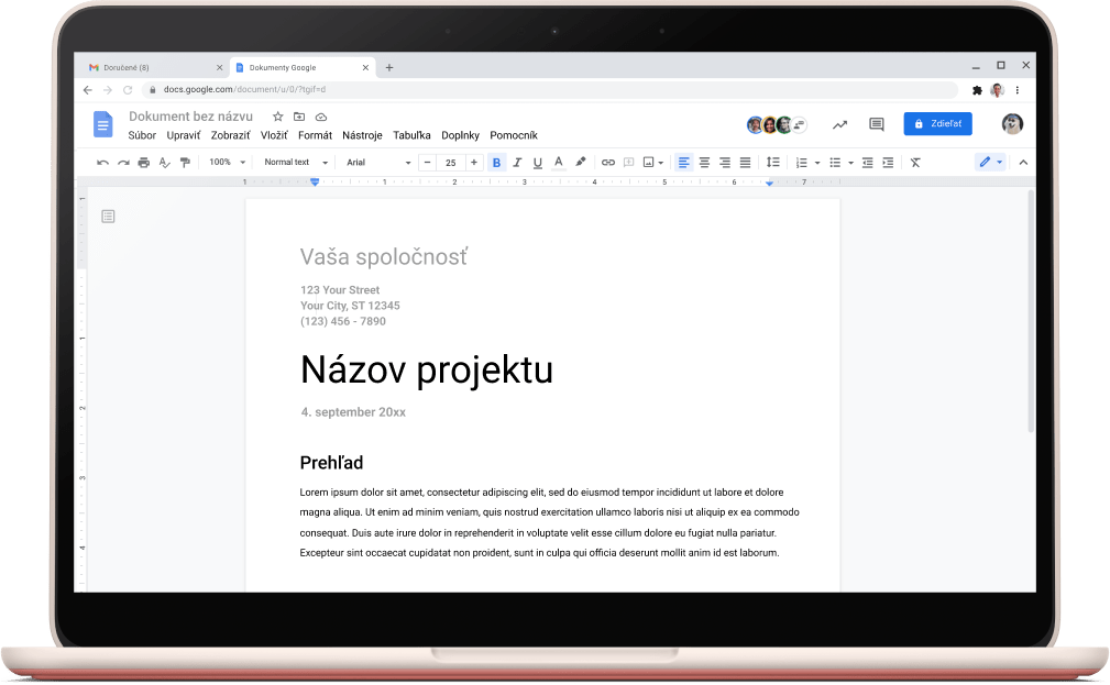 Obrazovka Dokumentov Google zobrazujúca otvorenú šablónu projektu.