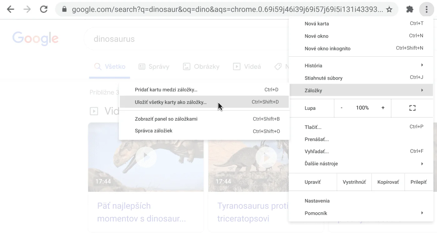 Okno prehliadača Chrome s dialógovým oknom s možnosťou Uložiť všetky karty ako záložky.