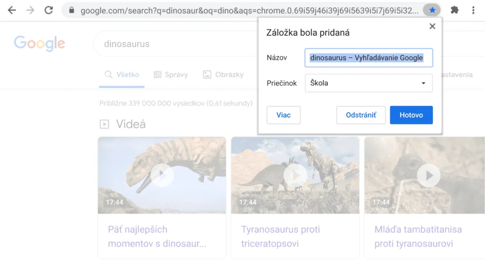 Okno prehliadača Chrome s dialógovým oknom Uložiť ako záložku.