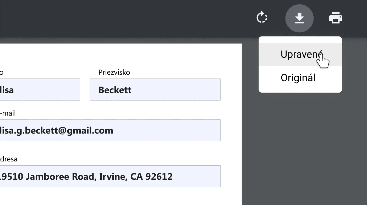 Okno prehliadača Chrome s otvoreným dokumentom PDF priblížené na ponuku možností stiahnutia a tlače.