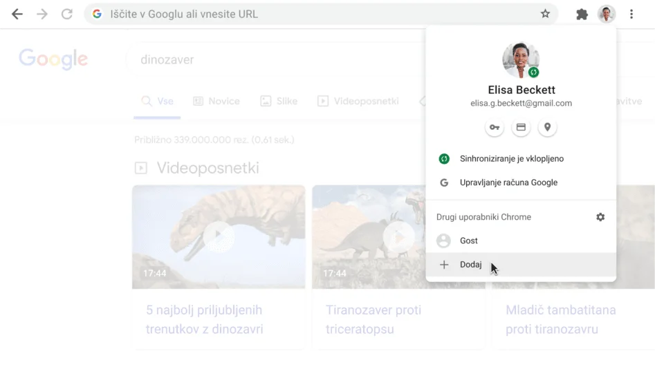 Okno v brskalniku Chrome z odprtim pogovornim oknom za profil.