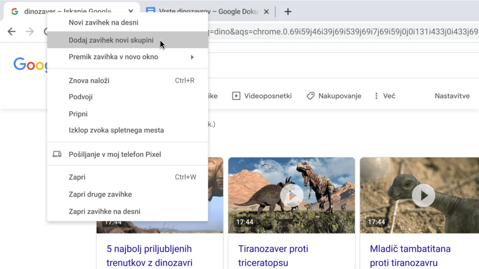 Okno v brskalniku Chrome s pogovornim oknom, ki prikazuje ustvarjanje nove skupine zavihkov.