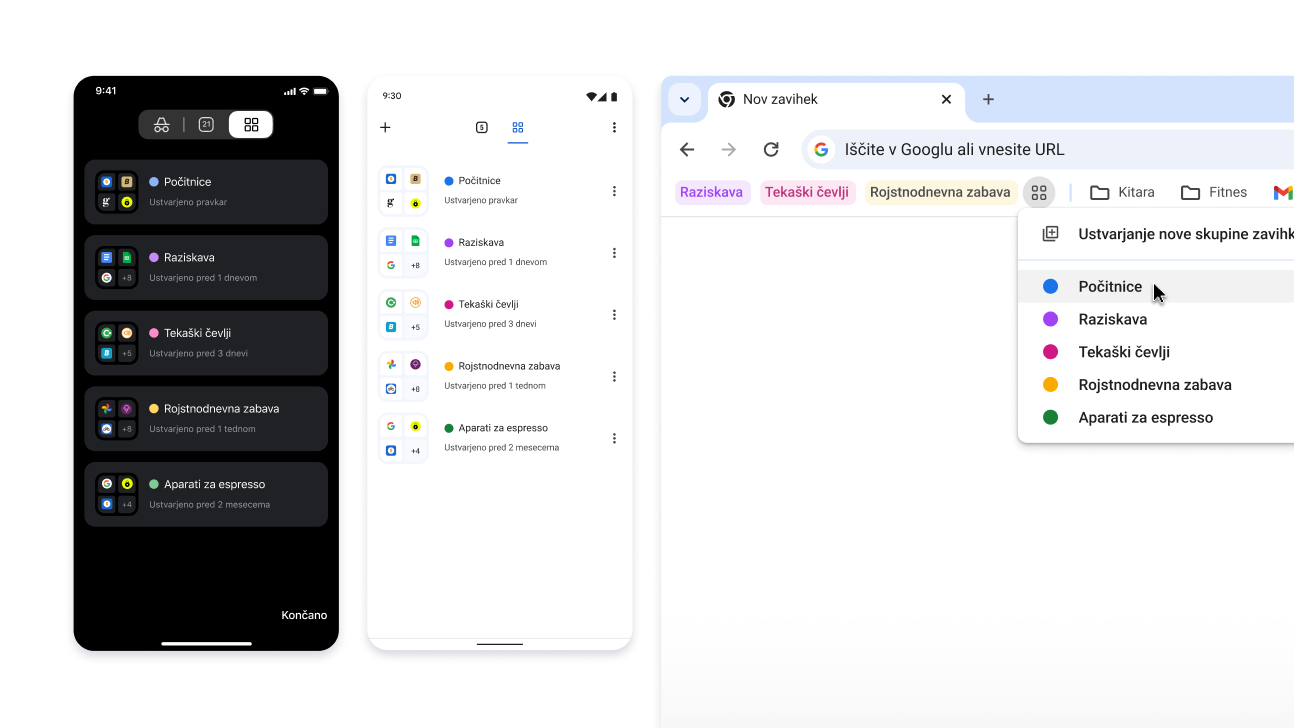 Skupine zavihkov v napravah iOS, Android in namiznih napravah