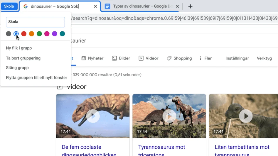 Ett webbläsarfönster i Chrome med en dialogruta som visar hur man namnger en flikgrupp