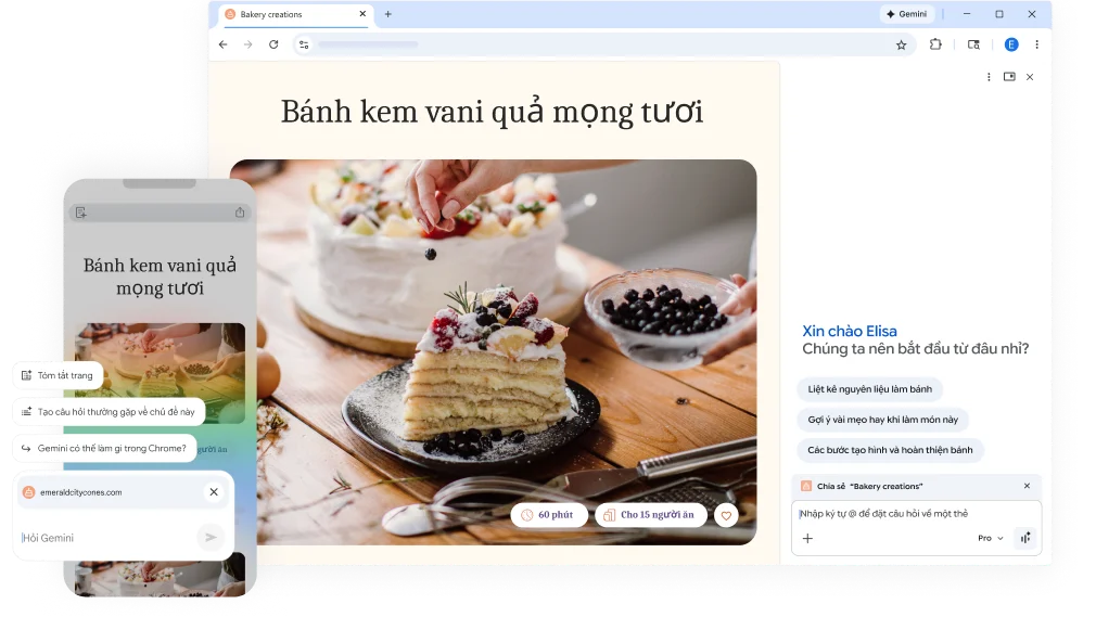 Một cửa sổ bật lên trên trang web công thức làm bánh hỏi xem Gemini trong Chrome có thể giúp gì. Tính năng này có trên cả máy tính và thiết bị di động.