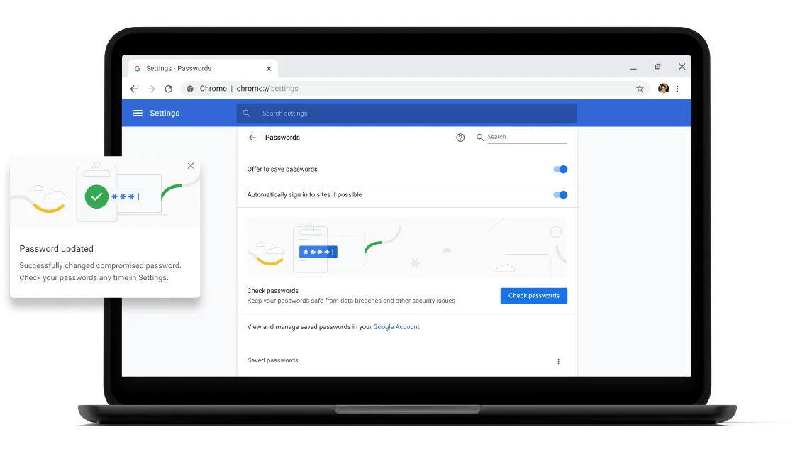 Pixelbook Go laptop with screen displaying Chrome password check with a passsword update dialog box.