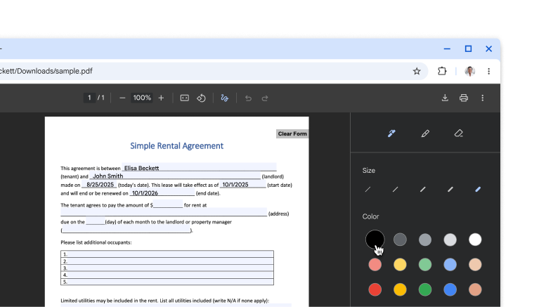 En PDF-fil åben i Chrome PDF-fremviseren med håndtegnede annotationer og underskrift.