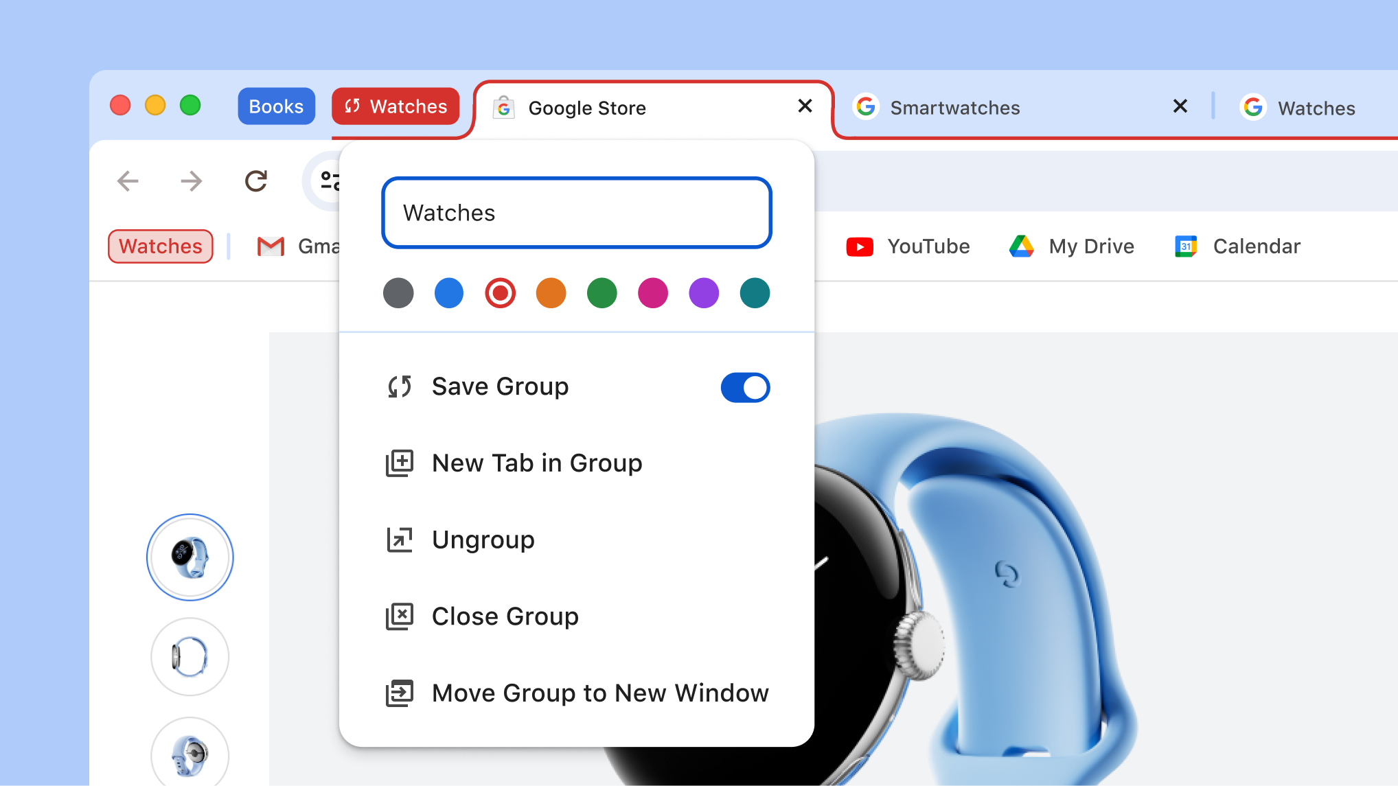Tab group menu open showing the new save and hide group options