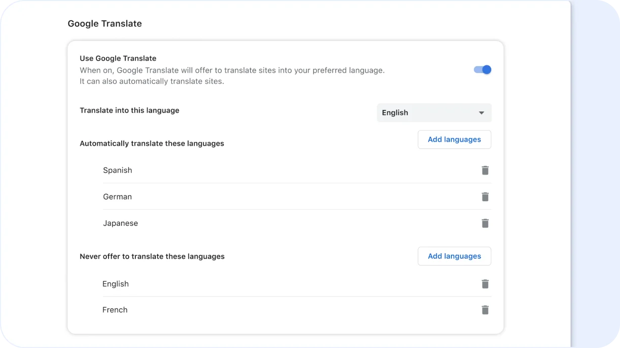 Google Translate setting page in Chrome