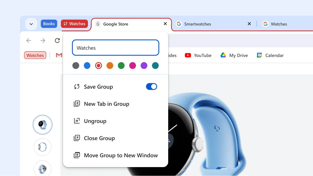 Tab group menu open showing the new save and hide group options