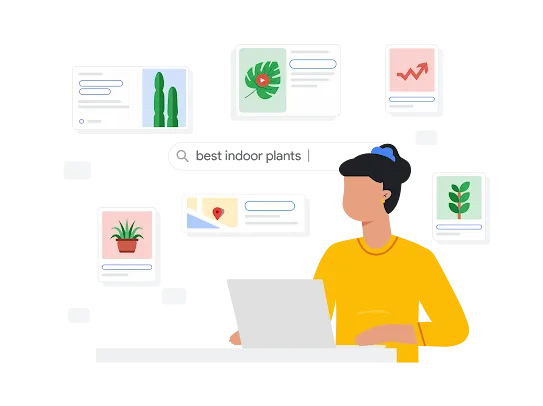 Ilustrație a unei persoane care caută pe Google cele mai bune plante de interior