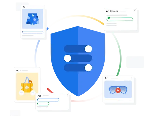 Illustration of various ads on Search protected by a big blue shield.