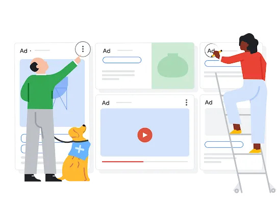 An illustration depicting two people and a dog labeling ads and pointing to the Ad Transparency Center