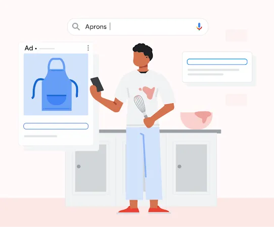 Illustration of a man in his kitchen using Google search on his phone with an ad for a cooking apron.