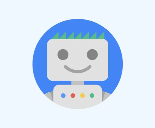 A smiling robot displaying the Google colors