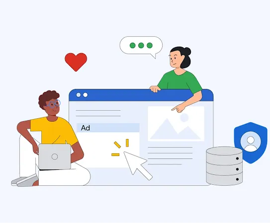 Eine Illustration zeigt zwei Personen, die online Informationen teilen und dabei durch fortschrittliche Technologie geschützt werden
