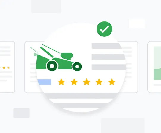 Search results for a lawnmower receiving five stars and an approval checkmark